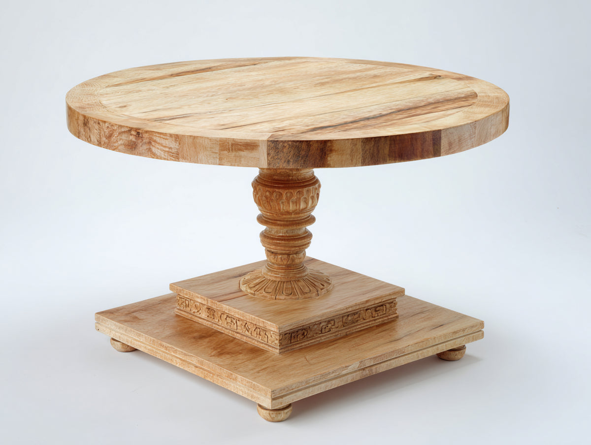 Gartentisch Holz 110x110x75 cm - Naturholz - runder Säulentisch mit dekorativem Sockel