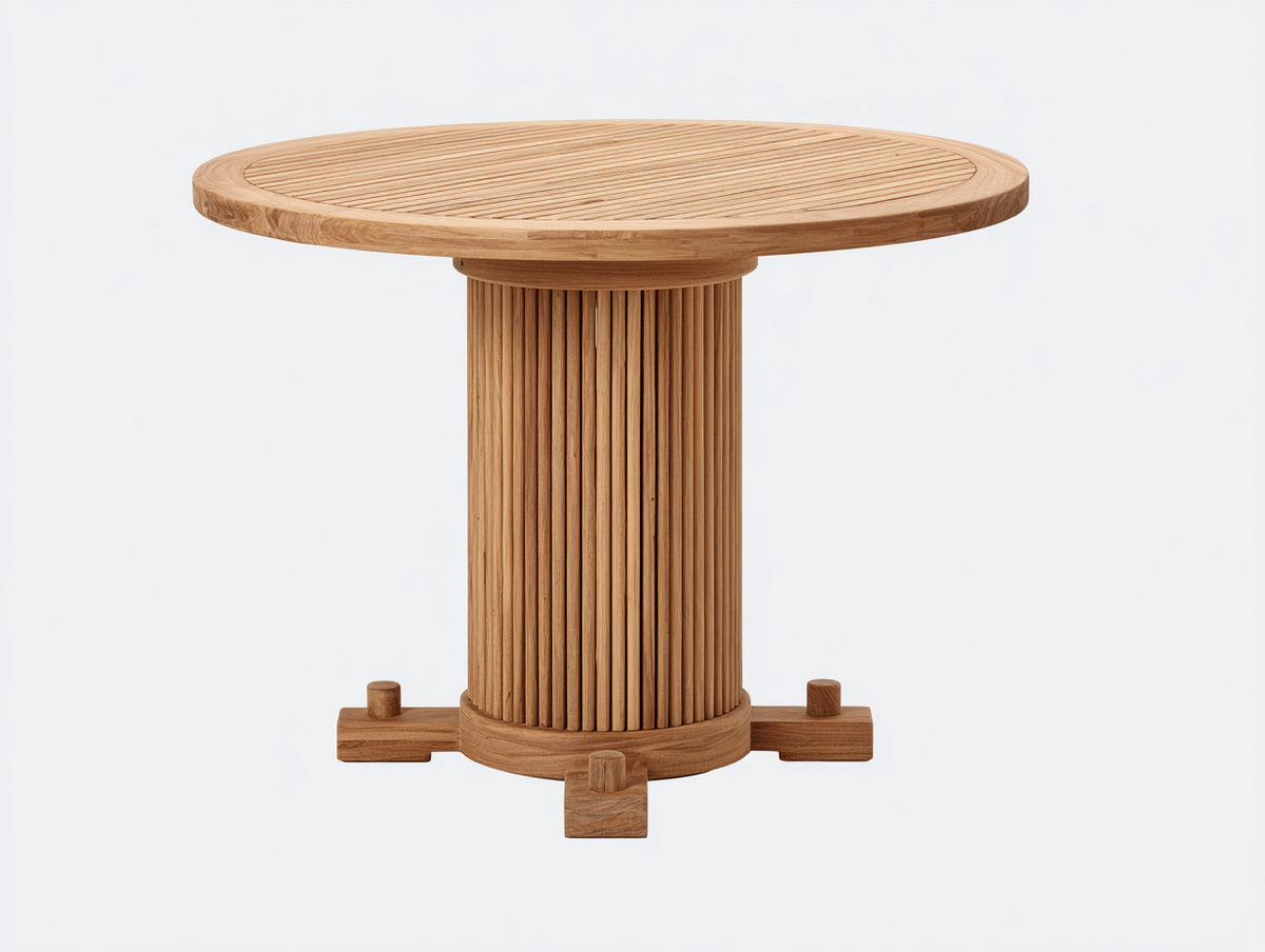 Gartentisch Holz 120x120x75 cm - Naturholz - Runder Esstisch mit geriffeltem Mittelfuß