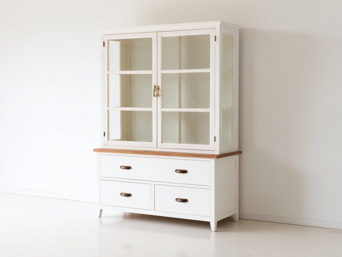 Bücherregal aus Holz 105x45x190 cm Weiß Natur - 2 Glastüren - 3 Schubladen