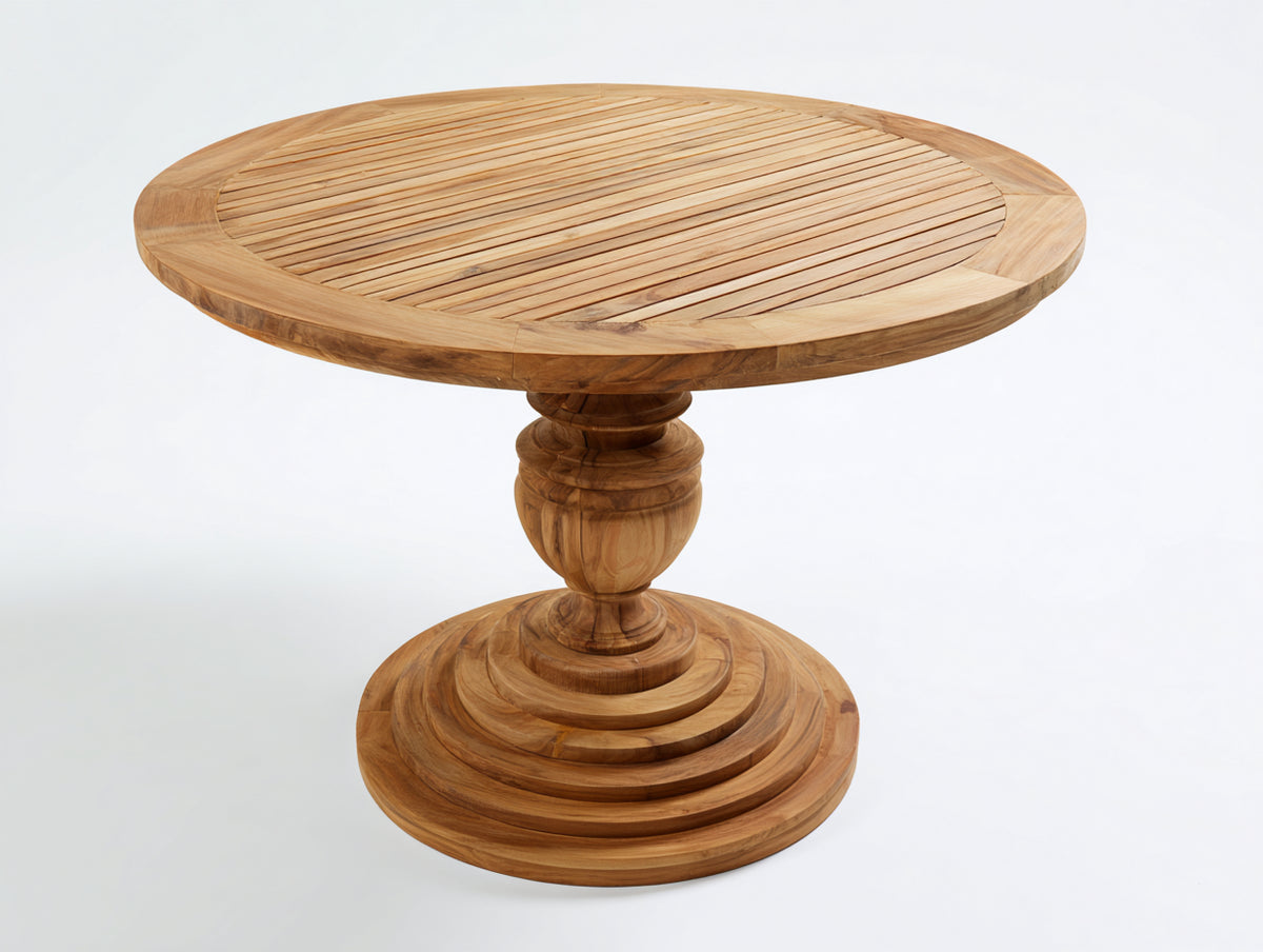 Gartentisch Holz 120x120x75 cm - Naturholz - Runder Esstisch mit gedrechseltem Mittelfuß