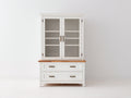 Bücherregal - Holz und Glas - 110 x 45 x 200 cm - Weiß-Naturholz - Klassisches Design mit 2 Glastüren und 2 Schubladen