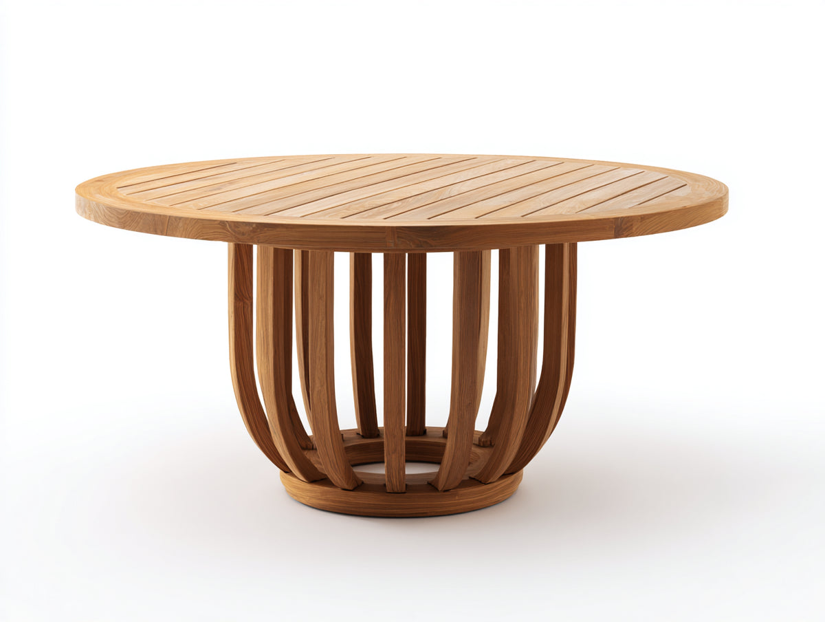 Gartentisch - Holz - 120 x 120 x 75 cm - Naturholz - Runder Gartentisch mit Lamellenplatte und gebogenem Säulenfuß