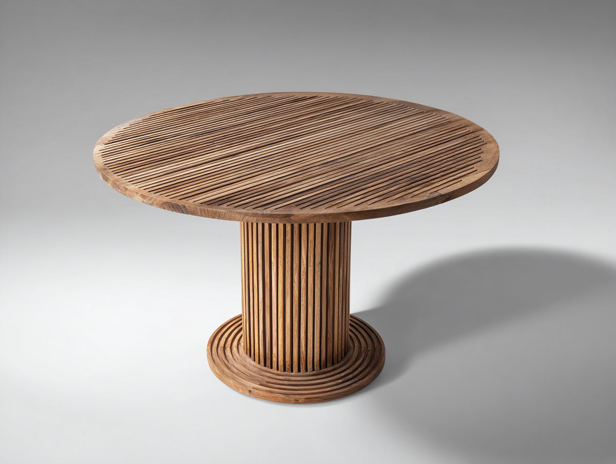 Gartentisch Holz 120x120x75 cm - Braun - runder Säulentisch mit geriffelter Oberfläche im modernen Gartenstil