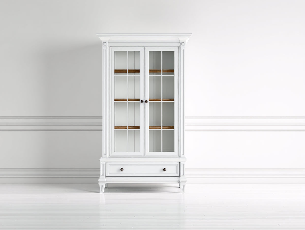Bücherregal Holz und Glas 95x42x190 cm - Weiß-Naturholz - klassisches Design mit 2 Glastüren und 1 Schublade