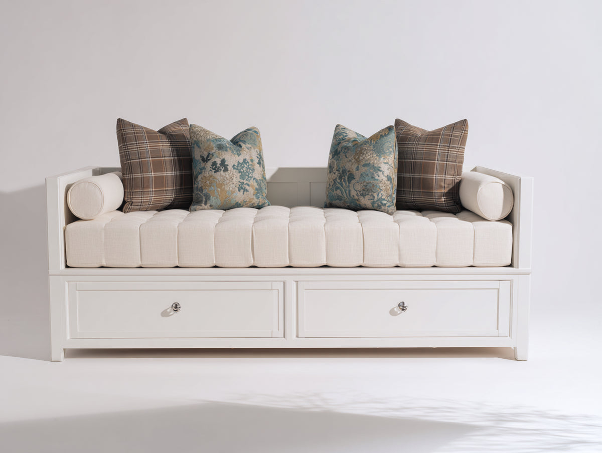 Schlafsofa - Holz und Textilpolsterung - 205 x 100 x 92 cm - Weiß-Beige - Modernes Design mit 2 Schubladen