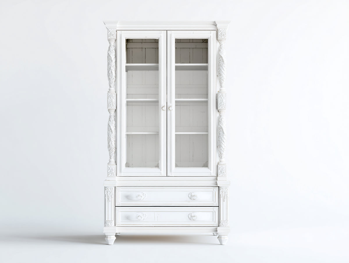 Bücherregal - Holz und Glas - 110 x 45 x 210 cm - Weiß - Klassisches Design mit 2 Glastüren und 2 Schubladen