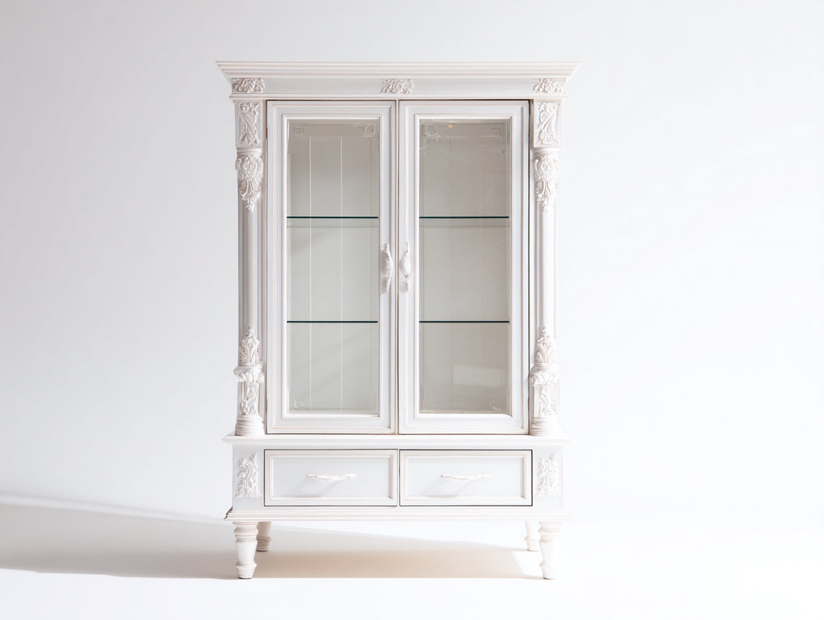 Bücherregal Holz und Glas 110x45x190 cm - Weiß - klassisches Design mit 2 Glastüren und 2 Schubladen