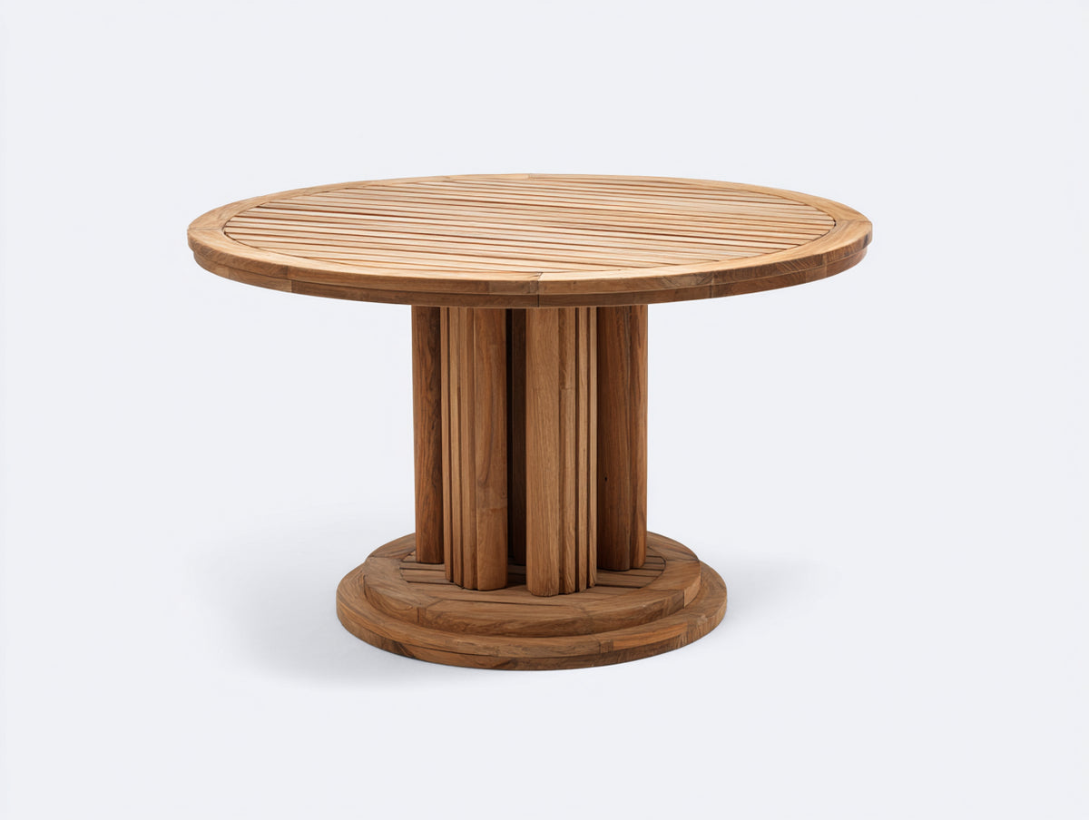 Gartentisch Massivholz 130x130x75 cm - Naturfarbenes Runddesign mit modernem Säulenfuß für Garten und Terrasse